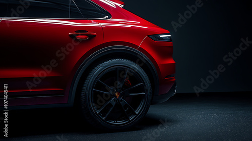 Close up of the side profile of an SUV vehicle with red paint, showcasing its black wheels and white centerpiece in high resolution