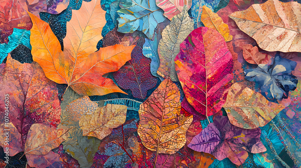 A background of colorful autumn leaves in various shades, with one leaf showing detailed textures and the other more abstracted