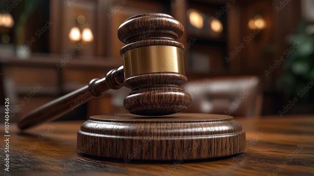 A wooden gavel on a sound block in a courtroom setting. A wooden gavel on a sound block in a courtroom setting.