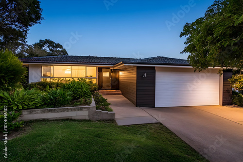 Neighborhood Real Estate Image - A modern home exterior at dusk with landscaped surroundings and warm lighting.