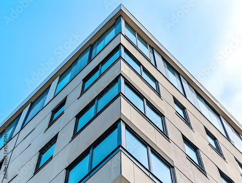 Neighborhood Real Estate Image - Modern building with a geometric design and reflective windows against a blue sky.