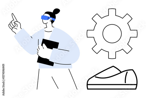 Person wearing a virtual reality headset, holding a tablet, pointing upward and standing beside gear and shoe icons. Ideal for technology, innovation, VR, process improvement, business strategy