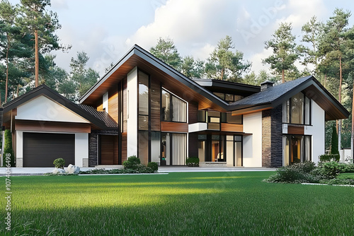 Neighborhood Real Estate Image - Modern house design surrounded by greenery and trees, showcasing contemporary architecture.