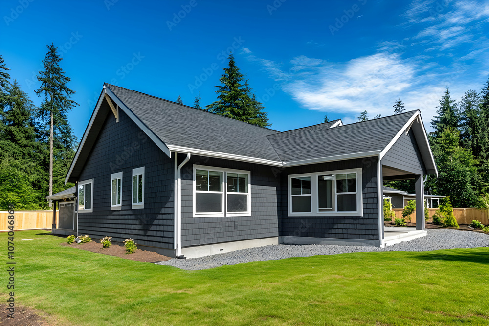 Neighborhood Real Estate Image - Modern house in a serene landscape with a well-maintained lawn and trees in the background. Neighborhood Real Estate Image - Modern house in a serene landscape with a well-maintained lawn and trees in the background.