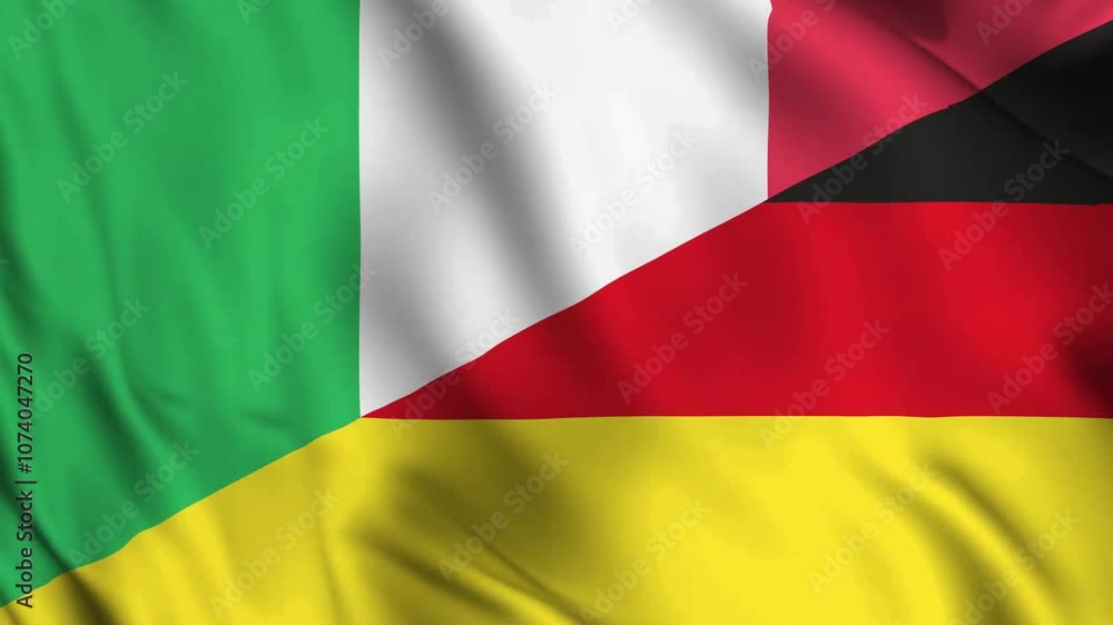 The horizontally aligned combined Germany and Italy flags are waving in the wind. Realistic Slow Motion Animation. 4K Loop Motion Graphics. Symbolizing the diplomatic relationship and connections.