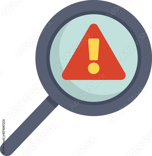 This vector illustration features a magnifying glass focusing on a red warning sign, representing risk management