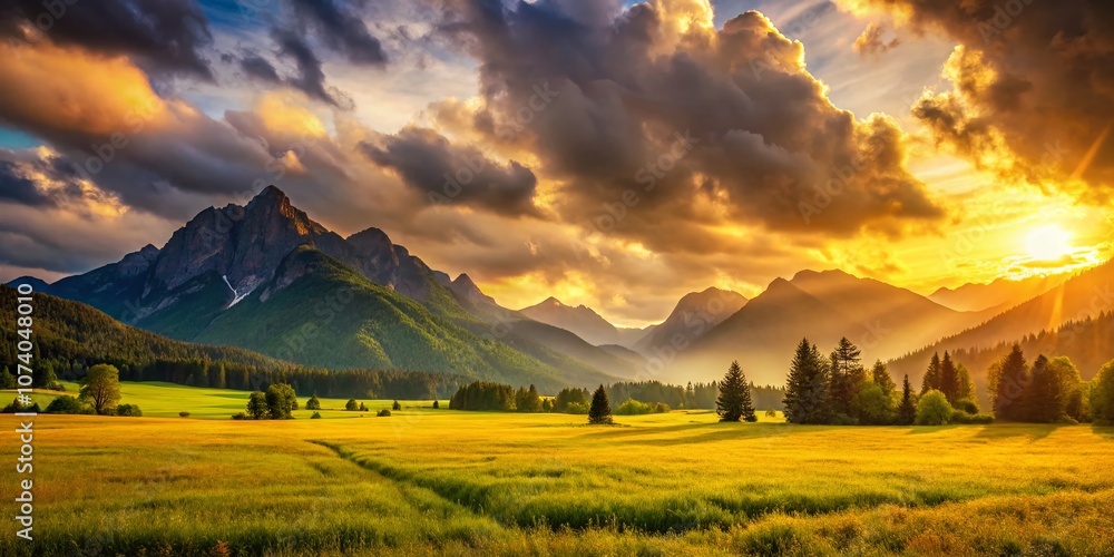 Obraz premium Breathtaking Sunset Over Mountain Valley Illuminating Grassy Fields and Dramatic Peaks Under Cloudy Sky for Food Photography Inspiration