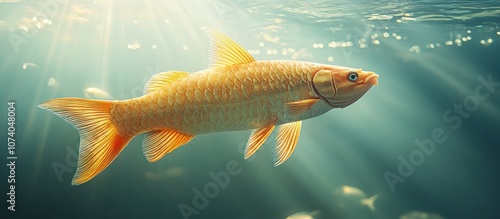 Golden Arowana fish with radiant scales, swimming gracefully, clear water, soft shadow and light play, 