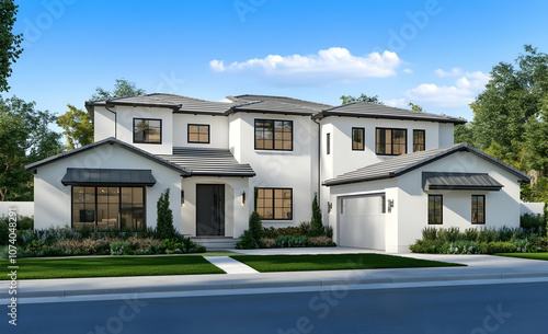 Neighborhood Real Estate Image - A modern two-story house with a landscaped front yard and a clear blue sky.