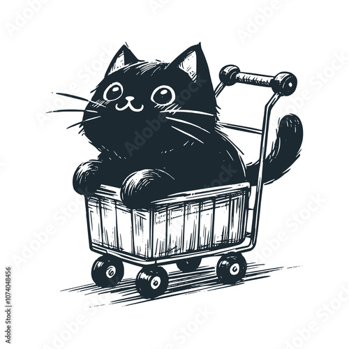 The cat in the trolley. Black white logo icon vector isolated. 