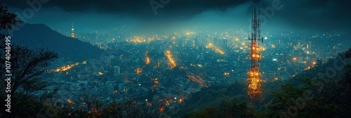 A Tall Communication Tower Dominates a Nighttime Cityscape