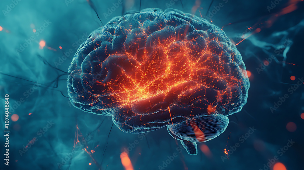 Abstract brain with glowing connections on blue background Abstract brain with glowing connections on blue background