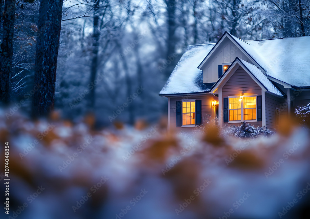 Neighborhood Real Estate Image - A cozy house with warm lights in a snowy forest setting during twilight. Neighborhood Real Estate Image - A cozy house with warm lights in a snowy forest setting during twilight.