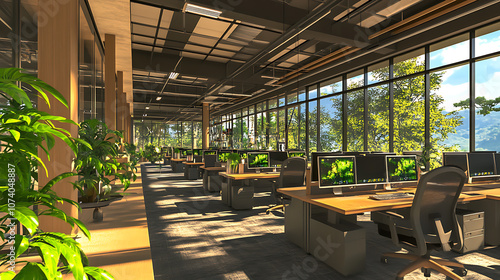 Modern open space office interior with desks and chairs, computer screens on tables, black pendant lamps hanging from the ceiling photo