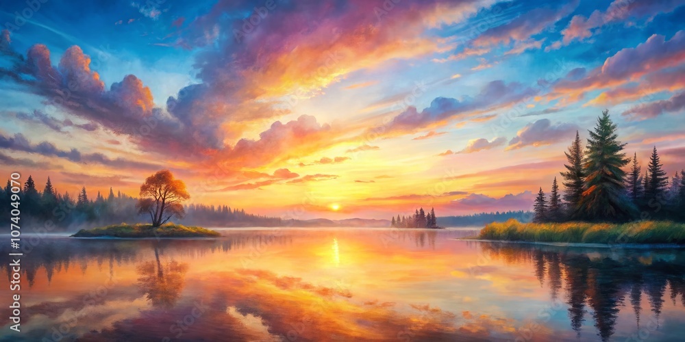 Breathtaking Watercolor Sunrise Over Tranquil Lake with Soft Pastel Hues and Reflections in the Sky, Captured Using the Rule of Thirds for an Artistic Touch and Serenity Breathtaking Watercolor Sunrise Over Tranquil Lake with Soft Pastel Hues and Reflections in the Sky, Captured Using the Rule of Thirds for an Artistic Touch and Serenity