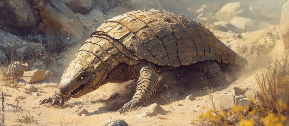 Obraz premium A large, armored creature with a reptilian head and a thick, segmented shell walks across a sandy desert landscape.