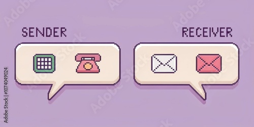Retro Pixel Message A rounded message bubble with a soft lavender background. Classic pixel art icons for sender and receiver are to either side with basic white text flashing