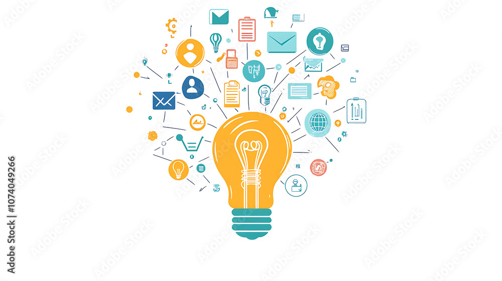Artistic drawing of a colorful light bulb with various business icons emerging from it, against a white background Artistic drawing of a colorful light bulb with various business icons emerging from it, against a white background