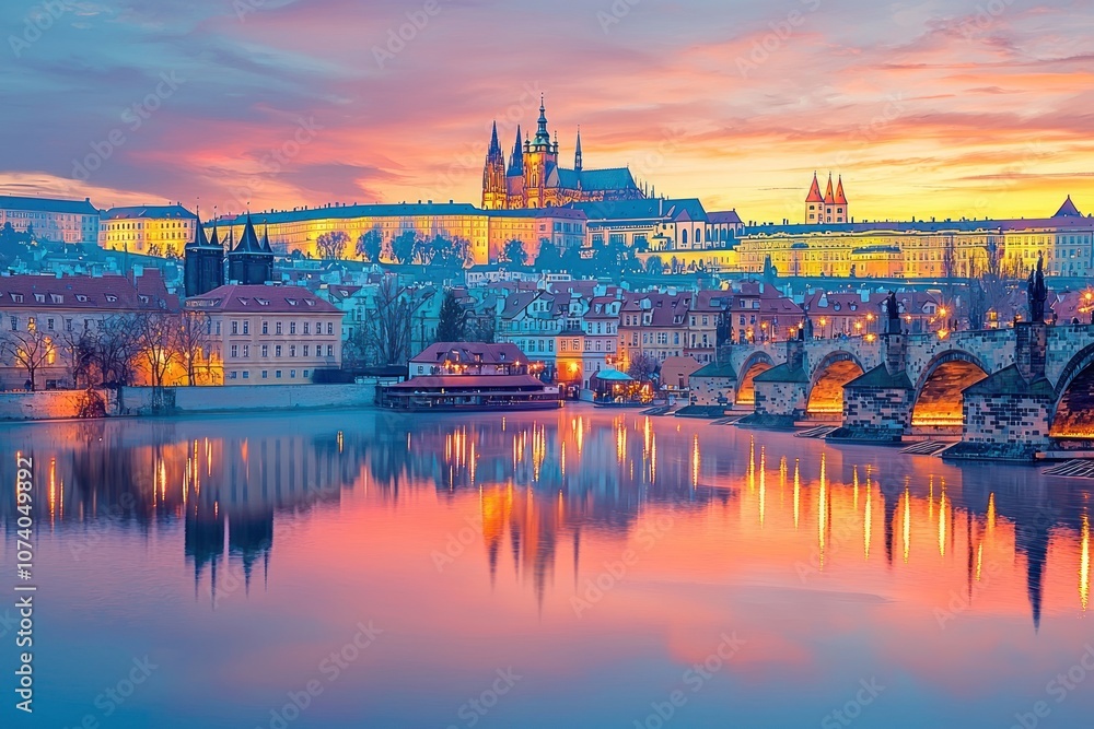 Fototapeta premium Prague Castle and Charles Bridge at Sunset