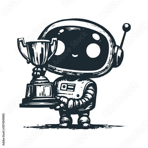 The cute robot hold a trophy. Black white vector illustration.
