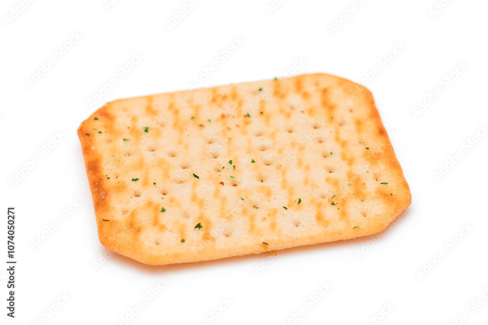 Crispy Salted Cracker with Greens - Isolated on White. Easy Snack - Isolation Crispy Salted Cracker with Greens - Isolated on White. Easy Snack - Isolation