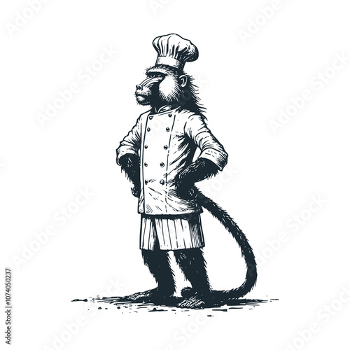 Portrait of a baboon but chef. Black white vector illustration.
