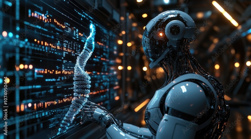 Futuristic robot analyzing data in a server room. Futuristic robot analyzing data in a server room.