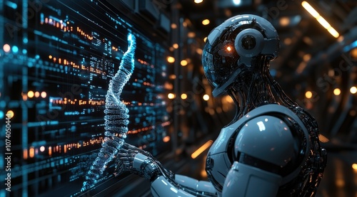 Futuristic robot analyzing data in a server room.