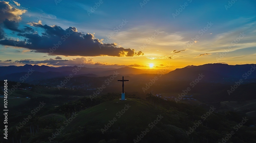 Jesus Christ standing in a mountainous location, bathed in the light of a beautiful sunrise, with serene blue clouds surrounding the scene, symbolizing peace, hope, and divine presence Jesus Christ standing in a mountainous location, bathed in the light of a beautiful sunrise, with serene blue clouds surrounding the scene, symbolizing peace, hope, and divine presence