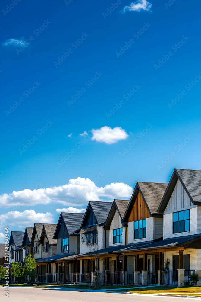 Neighborhood Real Estate Image - A row of modern houses under a clear blue sky with fluffy clouds. Neighborhood Real Estate Image - A row of modern houses under a clear blue sky with fluffy clouds.