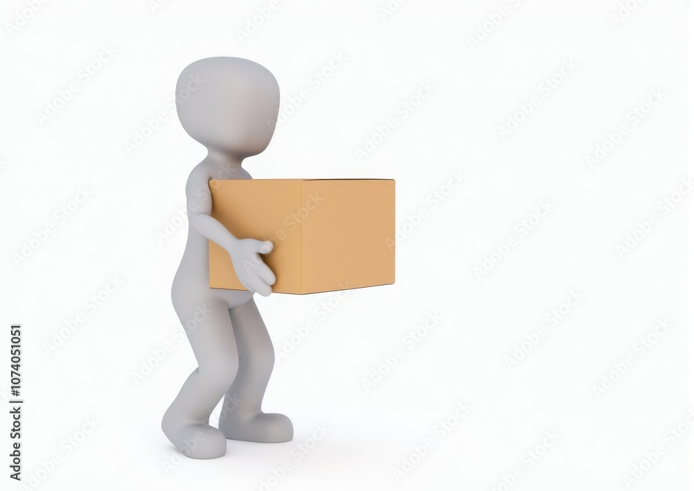 gray toy man 3d carries in hands a cardboard box on white background gray toy man 3d carries in hands a cardboard box on white background