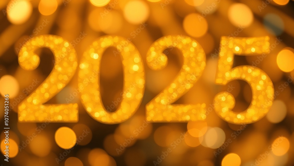 blurred golden 2025 new year background with the year in sparkling numbers and lights