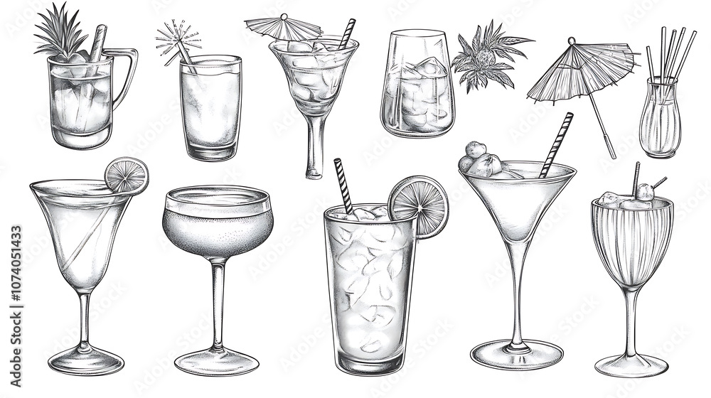 Hand drawn set of various cocktail glasses with decorative elements, such as straws and umbrellas on a white background Hand drawn set of various cocktail glasses with decorative elements, such as straws and umbrellas on a white background