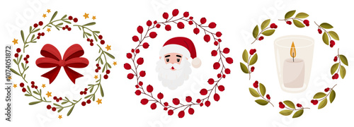 Collection of Christmas floral wreaths with Santa, burning candle and ribbon bow. Modern design for winter holidays. Illustration for invitation cards, poster, banner, greeting card, packaging, print