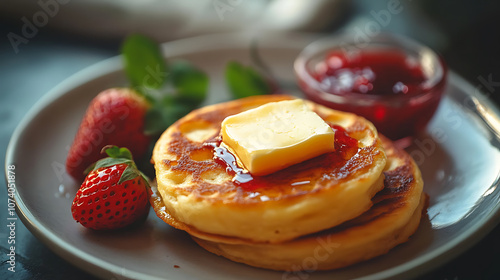 Hot toasted crumpets with a piece of butter on a plate with strawberry jam, Perfect delicious breakfast, popular in England, UK