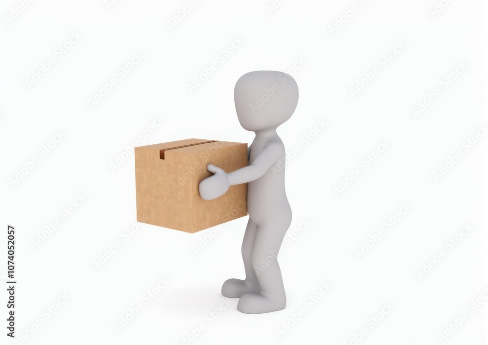 gray toy man 3d carries in hands a cardboard box on white background gray toy man 3d carries in hands a cardboard box on white background