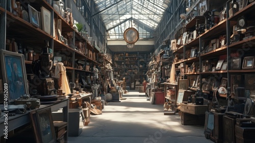 A narrow aisle lined with shelves of vintage and antique items inside a market.