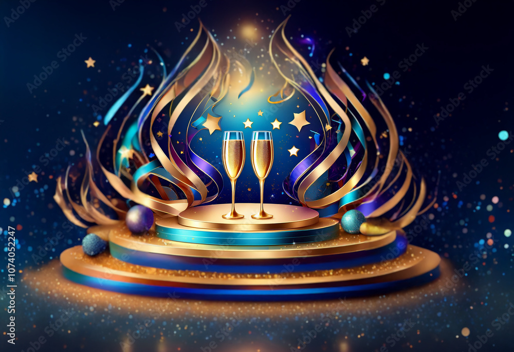A pair of champagne flutes sit on a gold and blue platform with gold and blue ribbons and stars in the background. A pair of champagne flutes sit on a gold and blue platform with gold and blue ribbons and stars in the background.