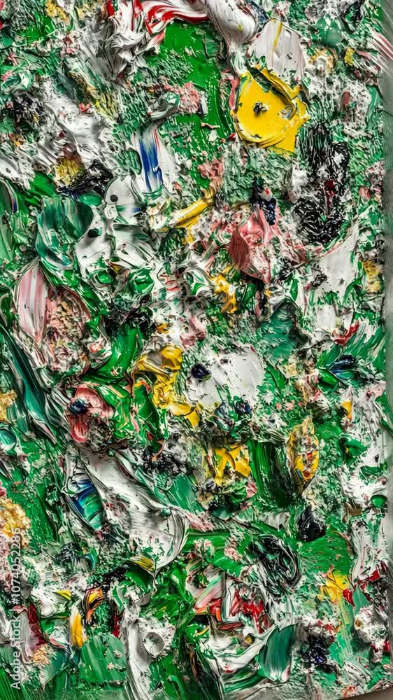 A close-up of a colorful abstract painting, with thick paint layers and vibrant hues, featuring a dominant green color A close-up of a colorful abstract painting, with thick paint layers and vibrant hues, featuring a dominant green color