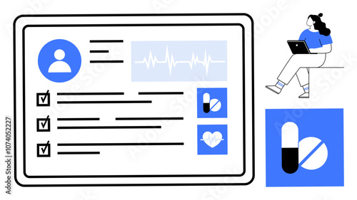 Tablet displaying a digital medical record with user profile, checklists, and health icons. Woman sitting with a laptop. Ideal for telehealth, patient management, electronic health records, medical