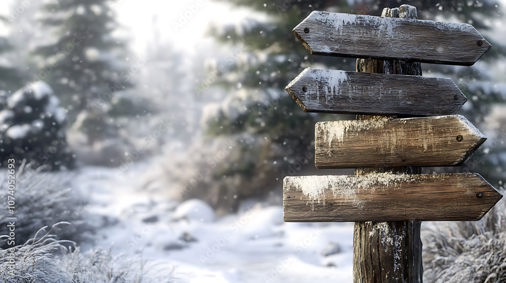 Fototapeta premium Rustic wooden signpost with three empty signs in snowy winter setting