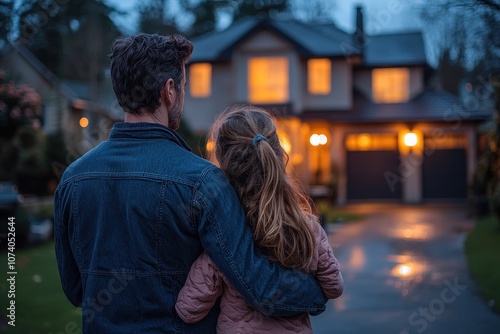 Couple Looking at Their New Home at Dusk photo