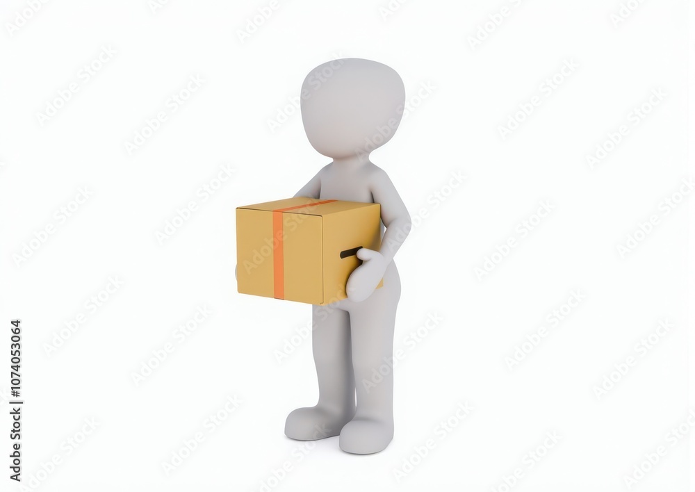 gray toy man 3d carries in hands a cardboard box on white background gray toy man 3d carries in hands a cardboard box on white background