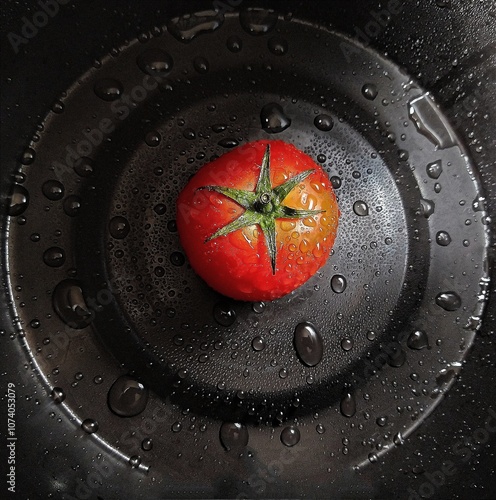 
Cette photo montre une tomate rouge vif placée au centre d'un seau. La tomate est recouverte de gouttelettes d'eau, ce qui lui donne un aspect frais et écl photo