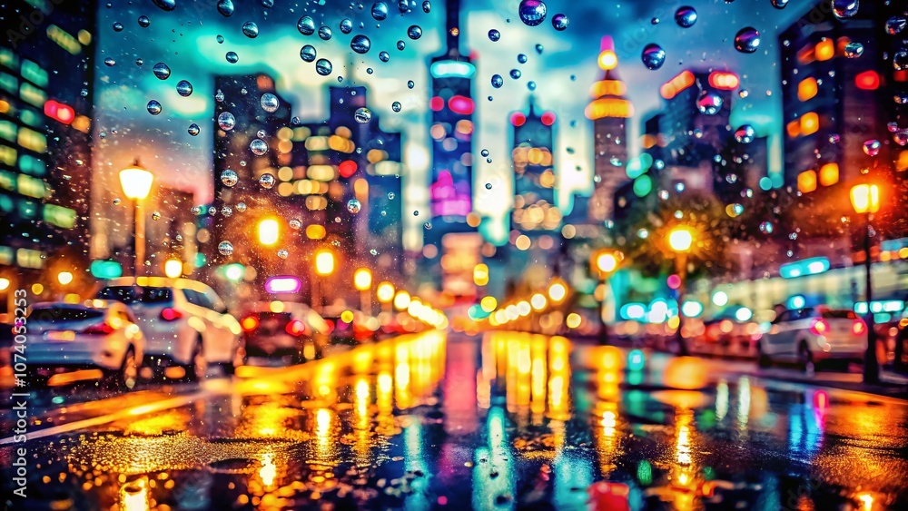 Captivating Cityscape at Night with Bokeh Lights and Rain, Showcasing a Dreamy Urban Atmosphere with Colorful Reflections and a Soft Focus Effect Captivating Cityscape at Night with Bokeh Lights and Rain, Showcasing a Dreamy Urban Atmosphere with Colorful Reflections and a Soft Focus Effect