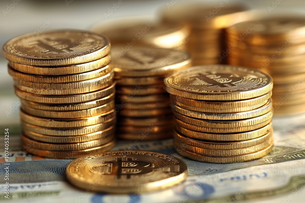 Stacks of Gold Bitcoins Resting on a Banknote Stacks of Gold Bitcoins Resting on a Banknote