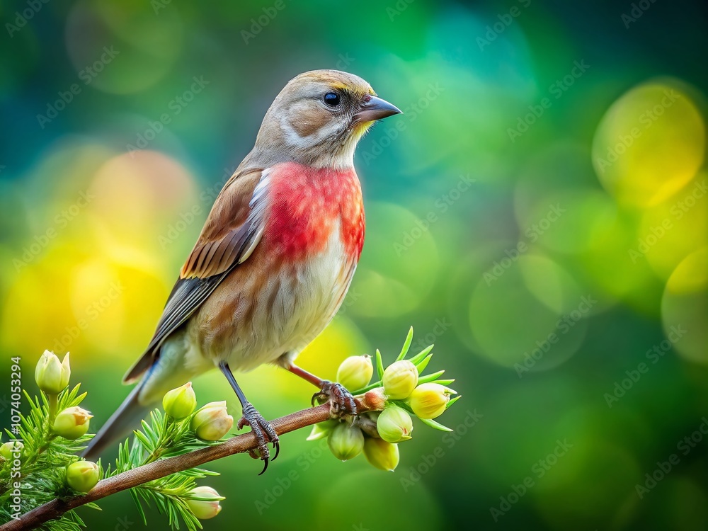 Captivating Close-Up of a Common Linnet Perched on a Branch with Lush Green Background and Ample Copy Space for Text or Design, Emphasizing the Beauty of Linaria cannabina Captivating Close-Up of a Common Linnet Perched on a Branch with Lush Green Background and Ample Copy Space for Text or Design, Emphasizing the Beauty of Linaria cannabina