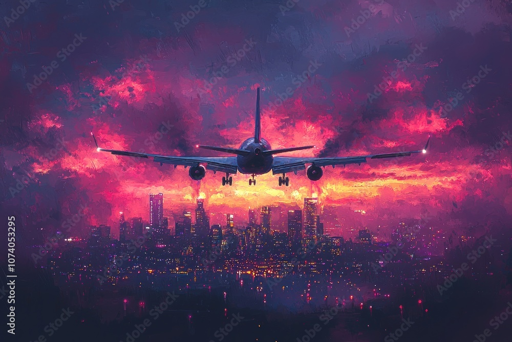 Airplane Landing in a City at Sunset with a Colorful Sky Airplane Landing in a City at Sunset with a Colorful Sky