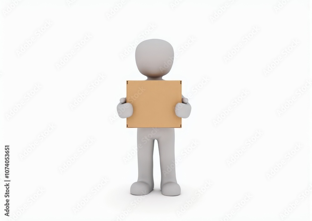 gray toy man 3d carries in hands a cardboard box on white background gray toy man 3d carries in hands a cardboard box on white background