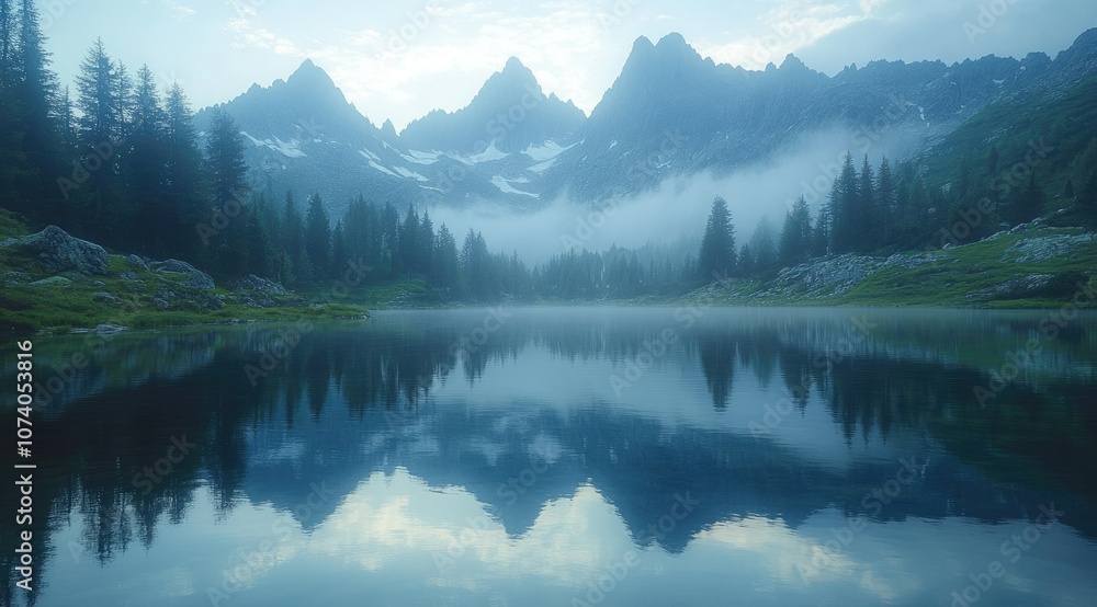 Misty mountain lake with reflections of the peaks and sky in the water. Misty mountain lake with reflections of the peaks and sky in the water.